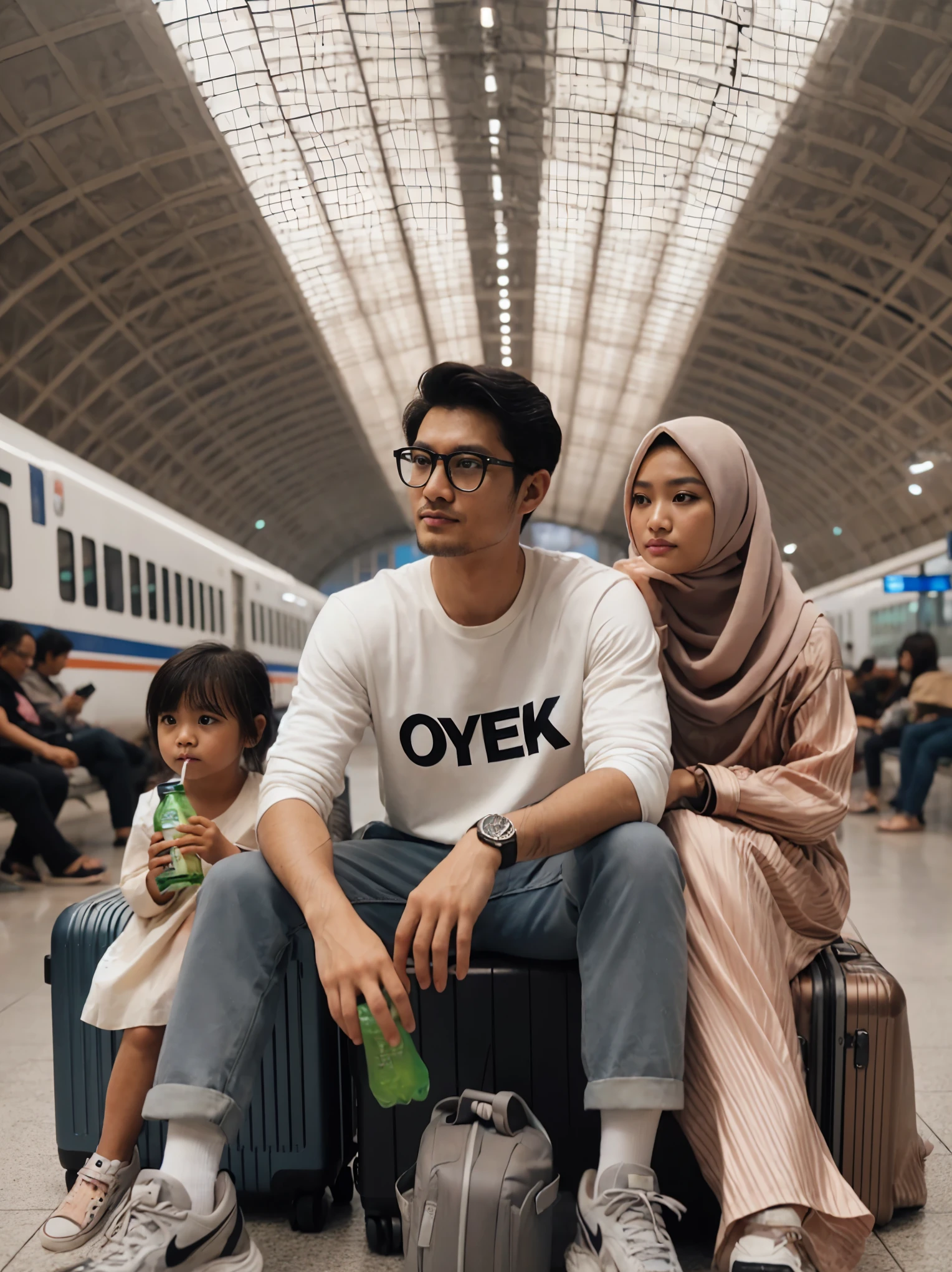 there are two people sitting on a suitcase with a , shot on sony a 7 iii, shot on canon eos r 5, shot on canon eos r5, an indonesian family portrait, perfect android girl family, with many travelers, taken with sony alpha 9, family, 🤬 🤮 💕 🎀, pexels contest winner, shot on sony a 7
