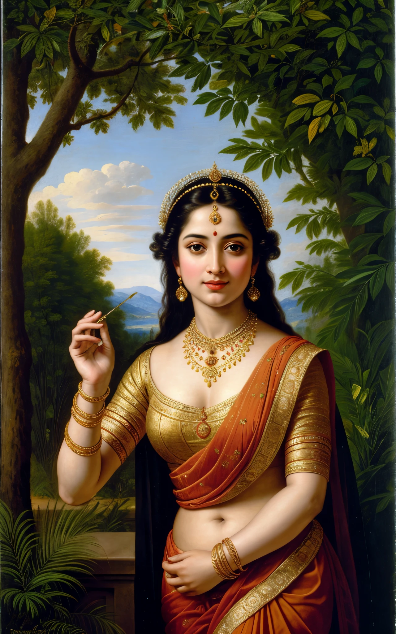 Beautiful Indian Woman, wearing saree, sari Beauty, gorgeous, Apsara, Maharani, royal queen woman, nymph from Hindu Mythology, Urvashi, matchless beauty, Highly detailed, Oil Painting by Peter Paul Rubens inspired by Raja Ravi Varma, Matchless beauty, captivating, gorgeous, heavenly beauty, celestial beauty, by Peter Paul Rubens, 13, realistic, hyper realistic, micro details, incredible artwork, insane details, ultra High resolution, 8k, 32k, acrylic on canvas, intricate, flawless, detailed, detailed face, detailed eyes, masterpiece, by Peter Paul Rubens, by Caravaggio, by William Adolphe bouguereau, perfect face, perfect body, beautiful art, realism, baroque, renaissance Art, highly textured, beautiful and detailed eyes, uhd, best quality,
