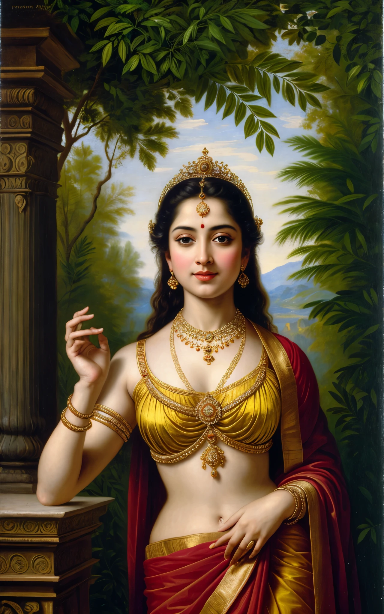 Beautiful Indian Woman, wearing saree, sari Beauty, gorgeous, Apsara, Maharani, royal queen woman, nymph from Hindu Mythology, Urvashi, matchless beauty, Highly detailed, Oil Painting by Peter Paul Rubens inspired by Raja Ravi Varma, Matchless beauty, captivating, gorgeous, heavenly beauty, celestial beauty, by Peter Paul Rubens, 13, realistic, hyper realistic, micro details, incredible artwork, insane details, ultra High resolution, 8k, 32k, acrylic on canvas, intricate, flawless, detailed, detailed face, detailed eyes, masterpiece, by Peter Paul Rubens, by Caravaggio, by William Adolphe bouguereau, perfect face, perfect body, beautiful art, realism, baroque, renaissance Art, highly textured, beautiful and detailed eyes, uhd, best quality,