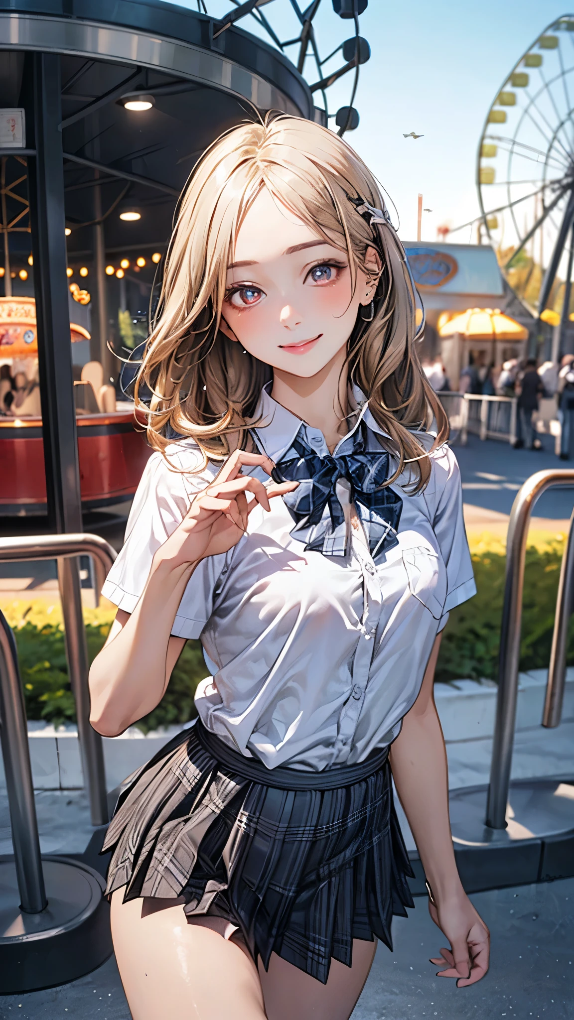 (masterpiece:1.2, top-quality), (realistic, photorealistic:1.4), beautiful illustration, (natural side lighting, movie lighting), 
looking at viewer, full body, front view:0.6, 1 girl, japanese, high school girl, perfect face, cute and symmetrical face, suntan, shiny skin, 
(middle hair:1.2, straight cut:1.2, blonde hair), forehead, maroon eyes, long eye lasher, (middle breasts), 
beautiful hair, beautiful face, beautiful detailed eyes, beautiful clavicle, beautiful body, beautiful chest, beautiful thigh, beautiful legs, beautiful fingers, 
((collared short sleeve shirt, white shirt, , grey plaid pleated skirt, blue plaid bow tie), wrist chakra), 
(beautiful scenery), amusement park, go-round, ferris wheel, (walking, skirt hold), (lovely smile, upper eyes),