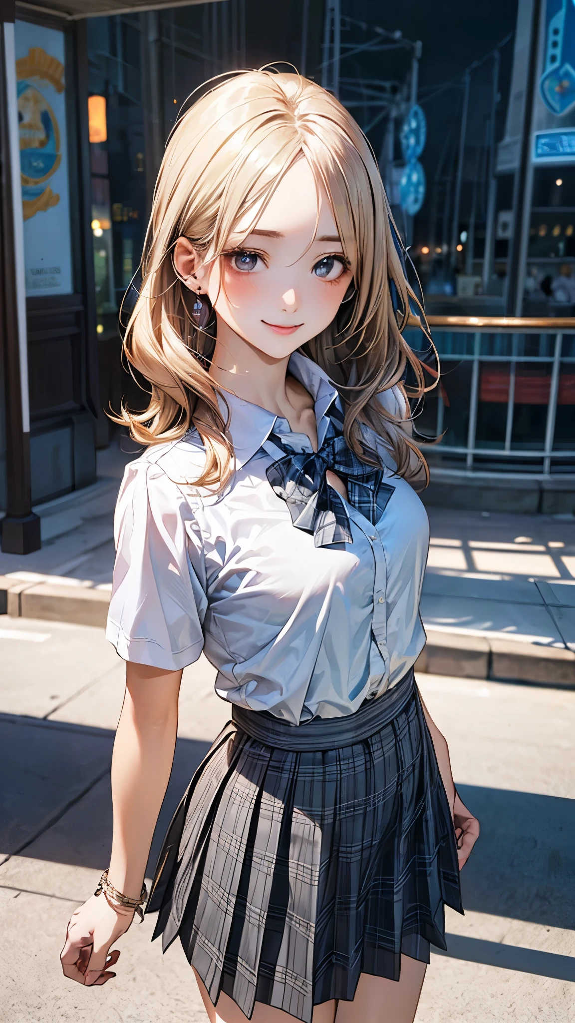 (masterpiece:1.2, top-quality), (realistic, photorealistic:1.4), beautiful illustration, (natural side lighting, movie lighting), 
looking at viewer, full body, front view:0.6, 1 girl, japanese, high school girl, perfect face, cute and symmetrical face, suntan, shiny skin, 
(middle hair:1.2, straight cut:1.2, blonde hair), forehead, maroon eyes, long eye lasher, (middle breasts), 
beautiful hair, beautiful face, beautiful detailed eyes, beautiful clavicle, beautiful body, beautiful chest, beautiful thigh, beautiful legs, beautiful fingers, 
((collared short sleeve shirt, white shirt, , grey plaid pleated skirt, blue plaid bow tie), wrist chakra), 
(beautiful scenery), amusement park, go-round, ferris wheel, (walking, skirt hold), (lovely smile, upper eyes),