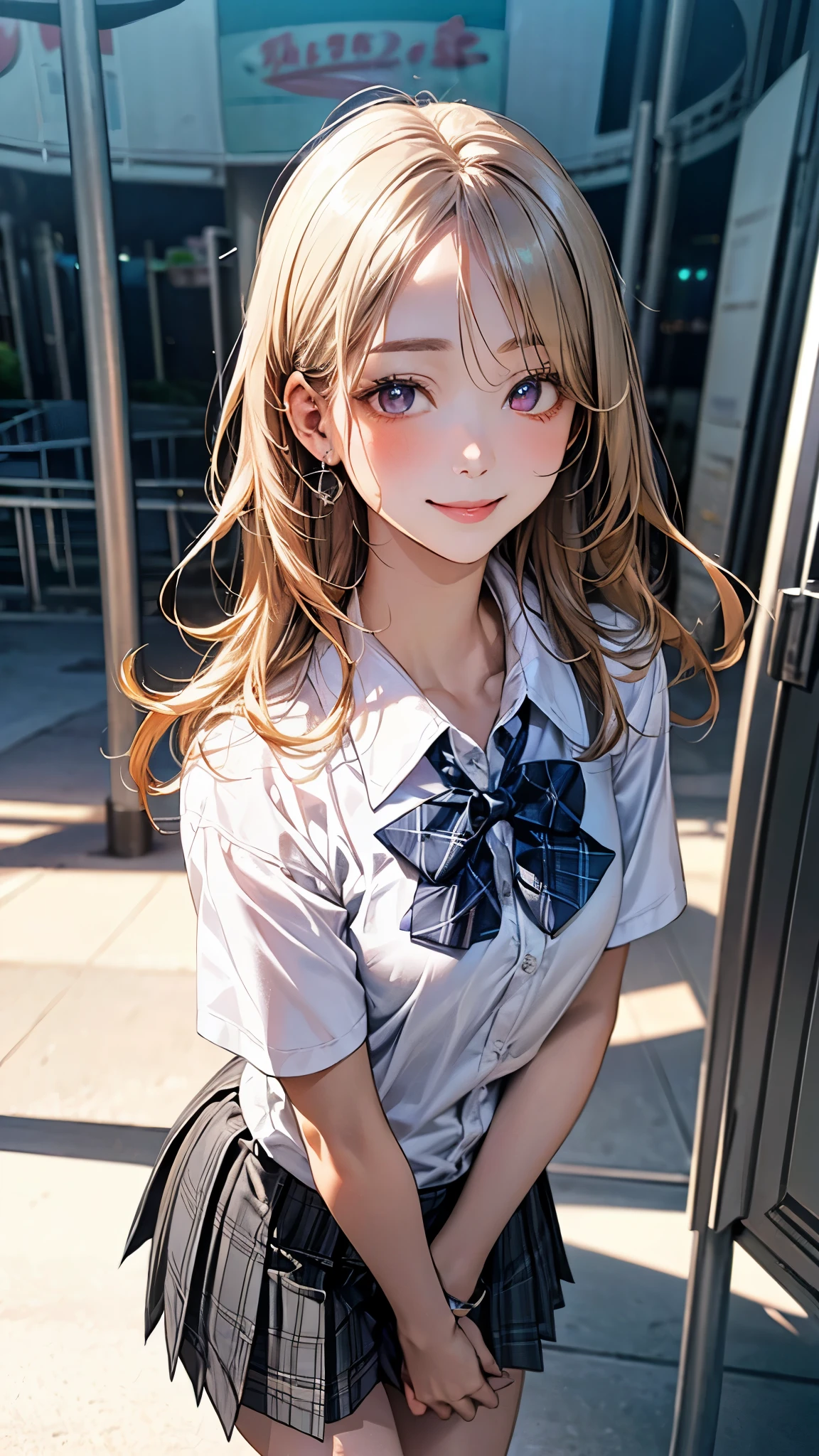 (masterpiece:1.2, top-quality), (realistic, photorealistic:1.4), beautiful illustration, (natural side lighting, movie lighting),
looking at viewer, full body, front view:0.6, 1 girl, japanese, high school girl, perfect face, cute and symmetrical face, suntan, shiny skin,
(middle hair:1.2, straight cut:1.2, blonde hair), forehead, maroon eyes, long eye lasher, (middle breasts),
beautiful hair, beautiful face, beautiful detailed eyes, beautiful clavicle, beautiful body, beautiful chest, beautiful thigh, beautiful legs, beautiful fingers,
((collared short sleeve shirt, white shirt, , grey plaid pleated skirt, blue plaid bow tie), wrist chakra),
(beautiful scenery), amusement park, go-round, ferris wheel, (walking, skirt hold), (lovely smile, upper eyes),