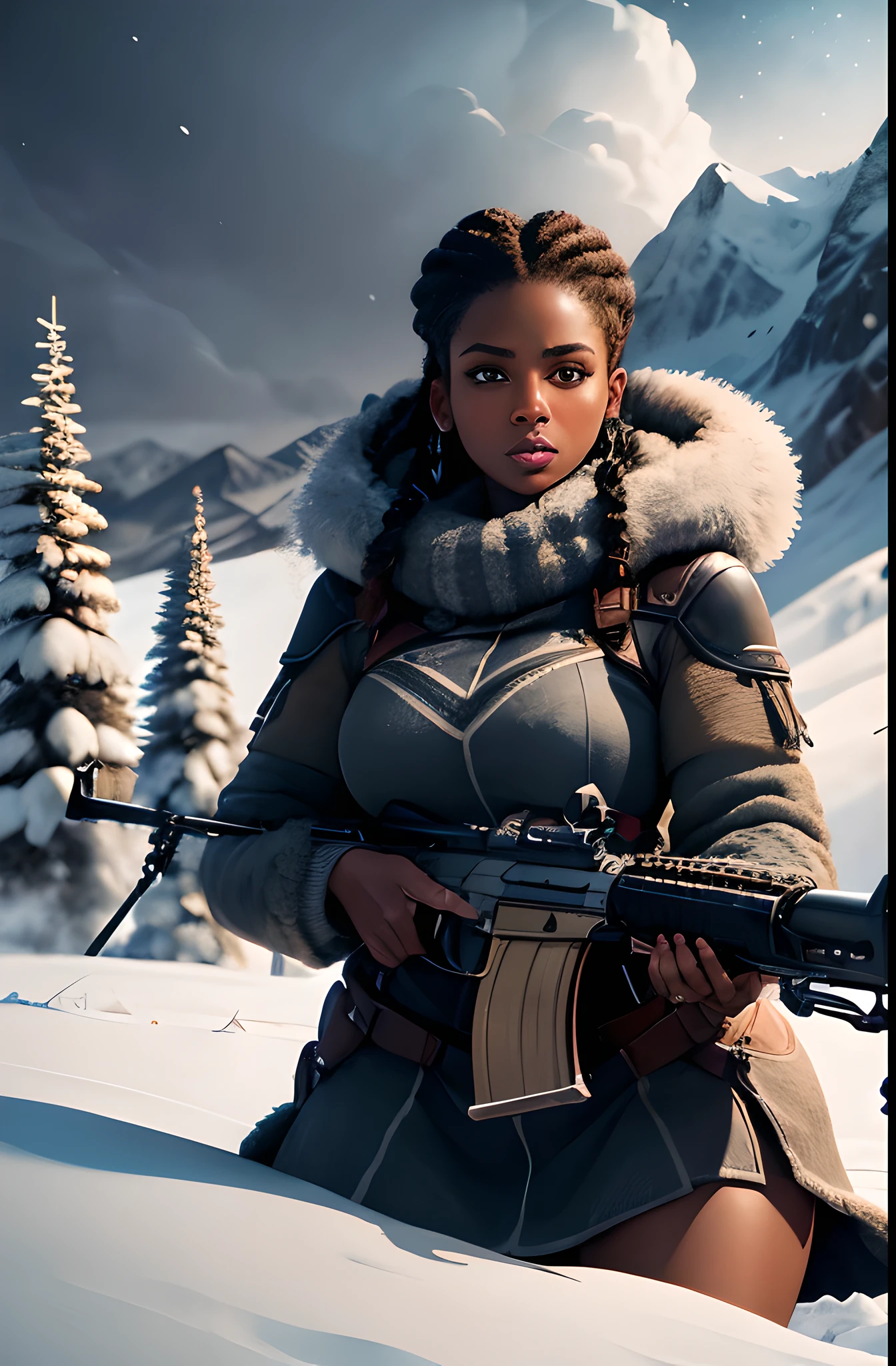 best quality,ultra-detailed,portrait, Teyonah Parris mixed with Joaquina Kalukango holding rifle, big woman, 3001bs, strong thighs, woolly braided hair, very dark skin, beautiful detailed blue eyes, beautiful detailed lips, detailed long woolly braided hair, winter coat, cold icy atmosphere, blood in the snow, frosty landscape, dark winter night, snowy ground, distant mountains, snow-covered trees, steely expression, sharp focus on the rifle, metallic texture,crisp, high contrast, cool color tones,dramatic lighting