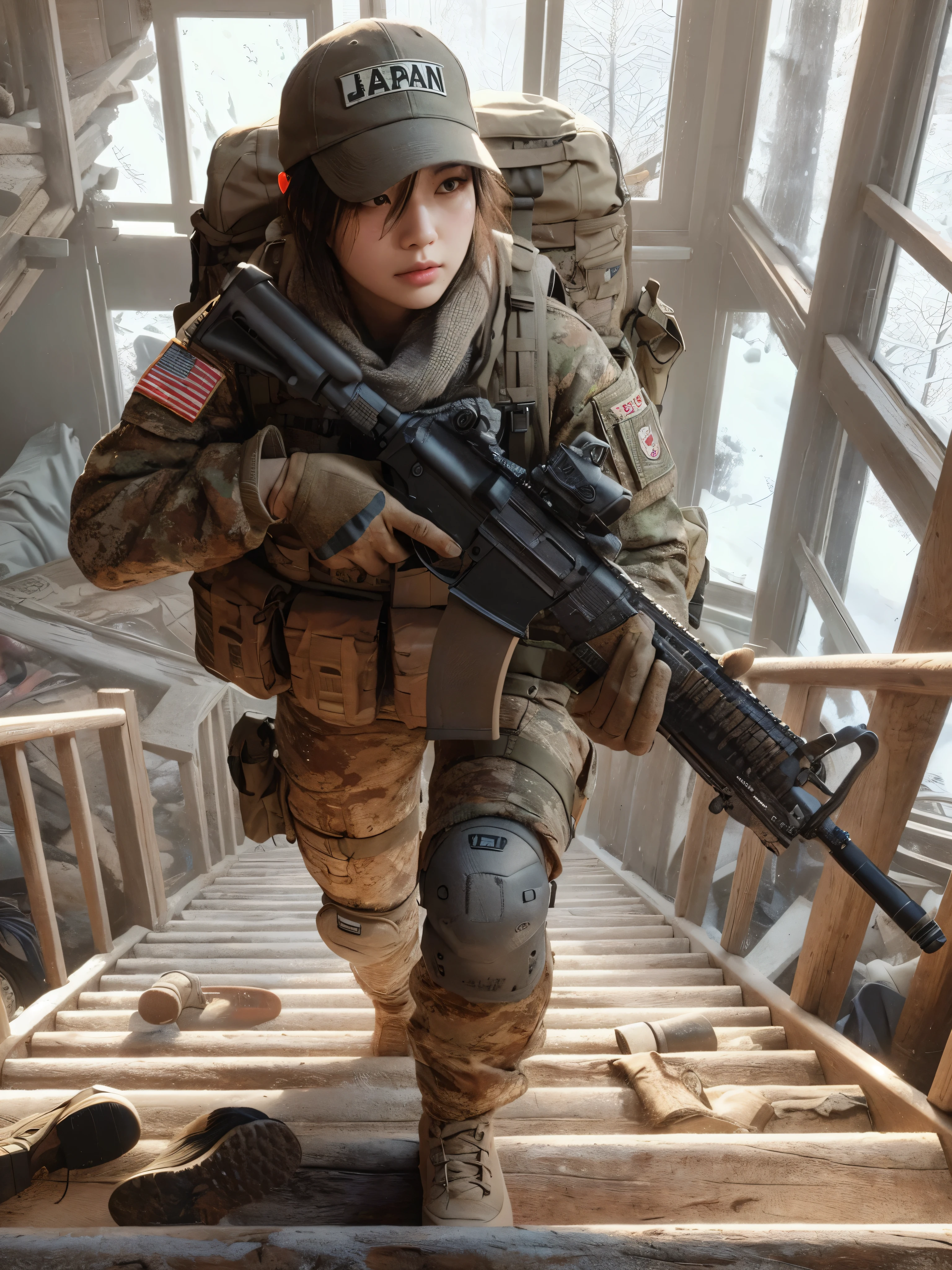 photorealistic、realistic skin texture、automatic rifle、Woodlands
