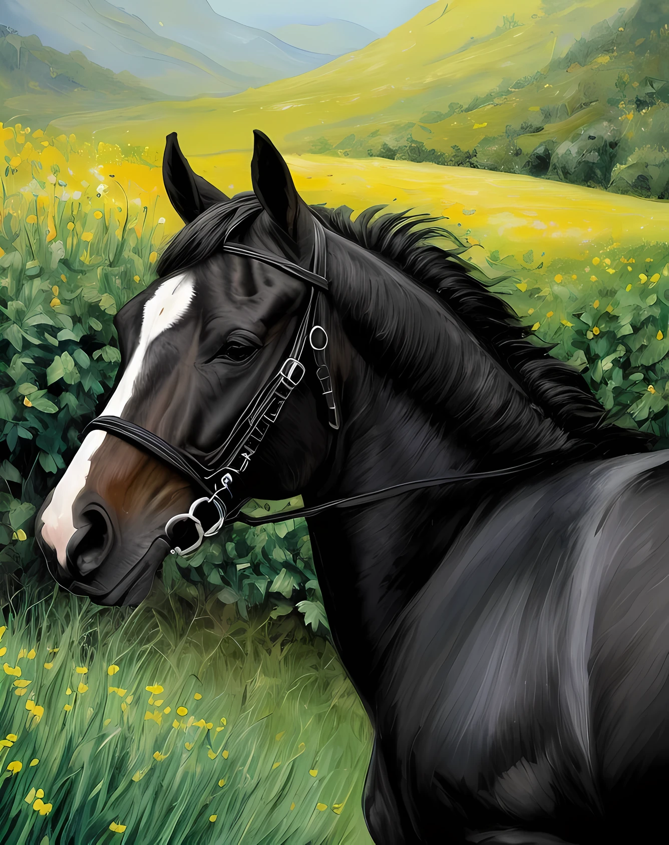 Cavalo Black, a sleek black horse, gallops freely through the mountains, ((emonicionado)), ((corpo musculoso)), ((pelagem lustrosa)), ((cabeleira ondulada)), ((vento entre as crinas)), ((paisagem espetacular)), ((fotografia captiva)), ((Canon Camera)), ((objetivo de longa focalidade)), ((baixa velocidade de shutter)), ((luz solar directa)), ((efeito Bloom)), ((plano de fundo desfocado)), ((plein air painting technique)), Cavalo Black correndo nas montanhas, elegante imagem, ((