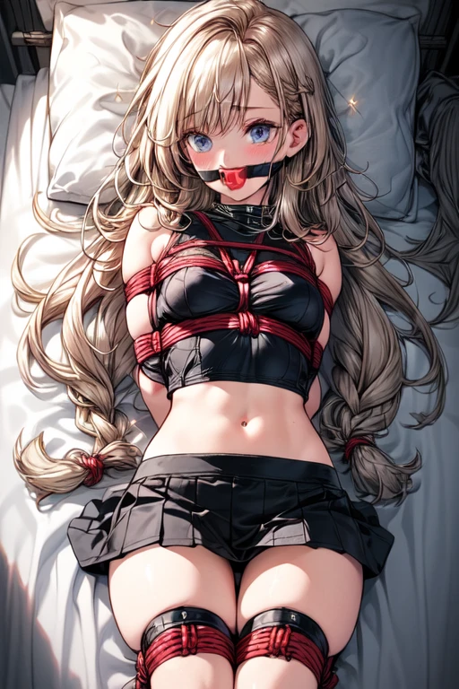 Shiny blond hair, very long hair, sophisticated haircut, ((((hair fully braided)))), ((small twisted braids)), thin and oval face, submissive, (((gagged))), ((((black tight wool crop top)))), ((((tight skirt)))), cute and blushing 18 years old anime girl, look away because she is embarrassed and blushes, bright blue eyes, detailed face, detailed members, detailed arms, detailed hands, ((((sparkling diamond jewelry)))), tiara, ((makeup)), high heels, puffy sleeves, long gloves, long eyelashes, Girl lying, tied by ropes, shackled, can no longer move, tied tightly, very hard tied up with lots of ropes, hampered by so many ropes that she can no longer move, bound hands and feet, ropes tie his whole body, tied extremely tightly and forcefully to her bed by a lot of ropes, its limbs are strongly tied together by ropes, his torso is tied up with thick cords, her chest is so tied up with ropes that it sticks out, her legs are tied tightly with thick ropes, his hands are tied behind his back with ropes, she can no longer move her feet, her hands which are tied by thick ropes, she desperately tries to free herself, likes to be tied tight with big ropes, likes to be immobilized by big ropes, lying down, his hands and feet are strongly tied to the railing of his bed, his legs are pressed together and tied with ropes, its limbs are held vigorously by imposing ropes, her hands are tied securely behind her back by ropes, her chest is compressed by strong ropes, she is pressed against her bed and restrained by large ropes (shibari, arms behind the back:1.4), (hands on the back), (masterpiece, best quality) 1.5, 1girl, solo, (sexy, beautiful woman, perfect face, perfect eyes, perfect hands), samus aran, (shibari, arms behind the back:1.4), (hands on the back), Spread the legs, s' ((lie in bed by big ropes)), ((close up of the girl)), ((((lie in bed))))
