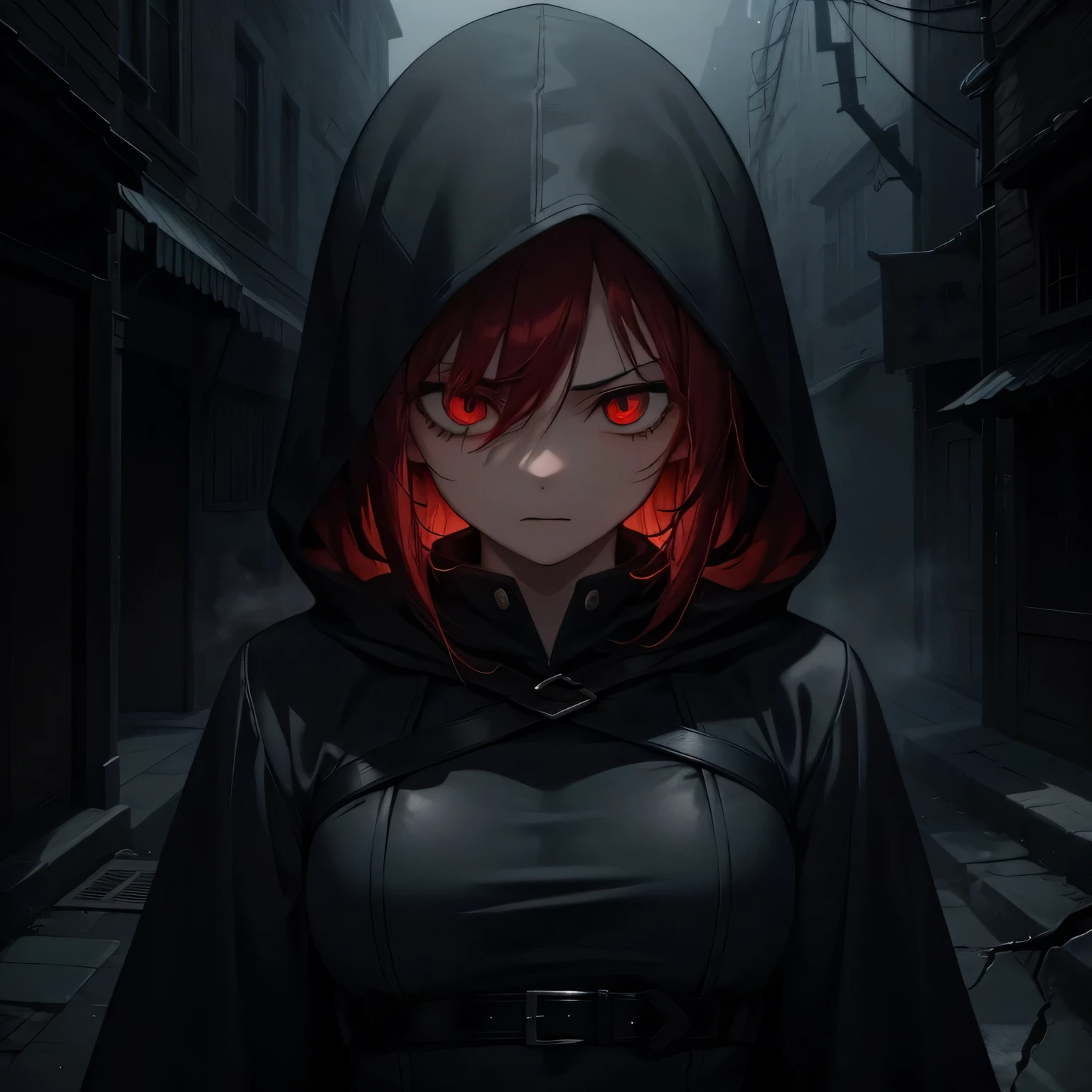 Best quality, realistic, a girl with red hair and detailed eyes and face, lightning bolts around, red glowing eyes, wearing a black dress, with a black overcoat, and a person with a black hood over their head, mounted on a black horse. The scene depicts a huntress inspired by the style of Van Helsing. The background is a dark, mysterious setting with dimly lit streets and fog. The colors are rich and vibrant, with a dark and moody color palette. The lighting is dramatic, casting long shadows and highlighting the girl's determined expression. The overall image should have a cinematic and thrilling atmosphere, capturing the essence of a fierce and skilled huntress in action.