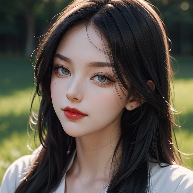 close up of white woman with full red lips, green eyes and long black hair, calm face, light smirk