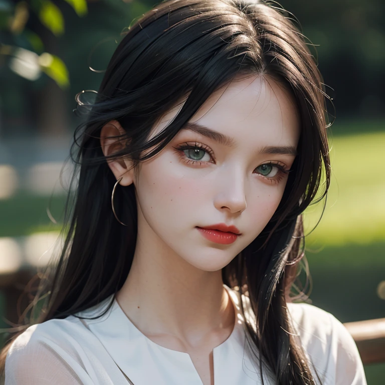 close up of white woman with full red lips, green eyes and long black hair, calm face, light smirk
