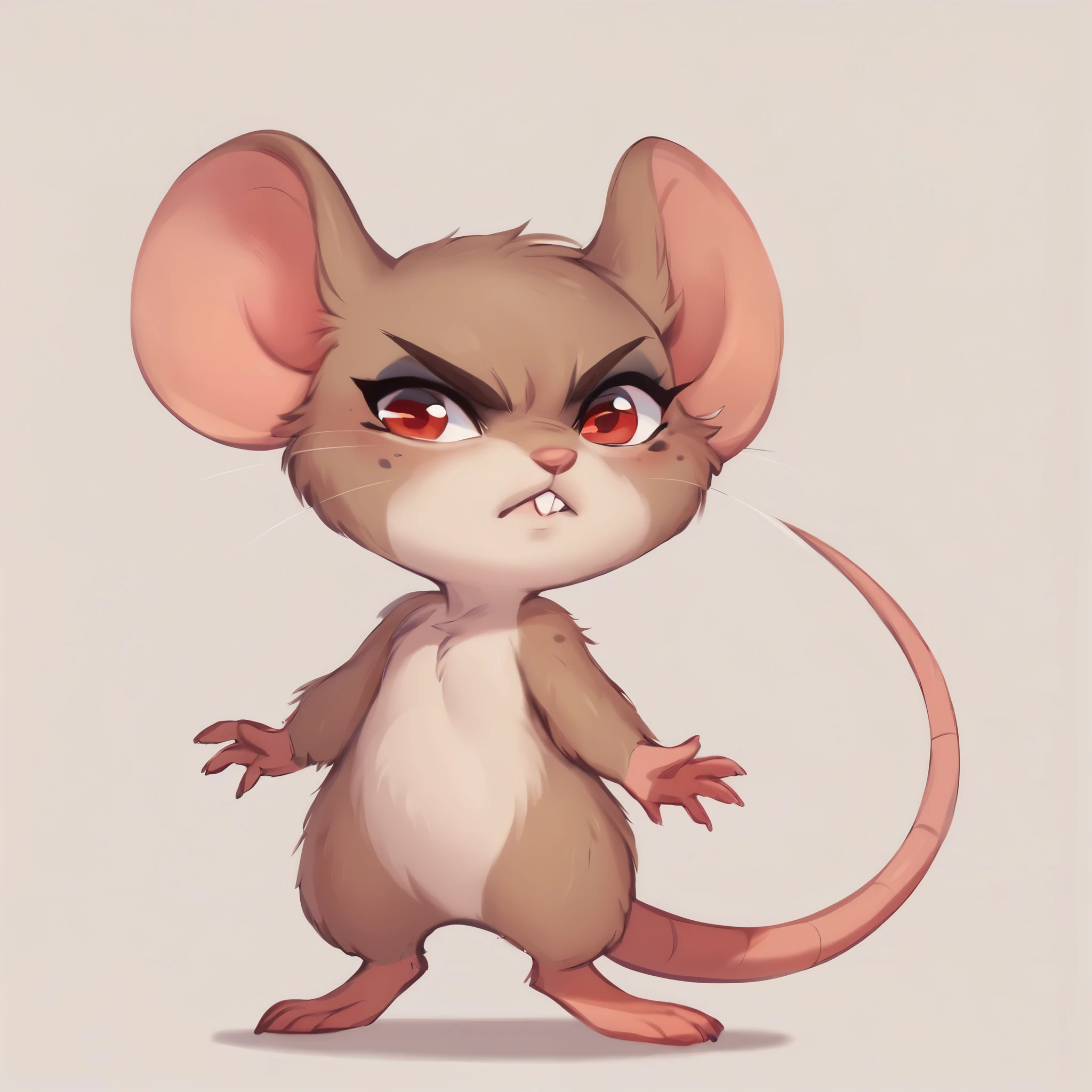 score_9, score_8_up, score_7_up, score_6_up, score_5_up, score_4_up, show accurate, full body, hungry body, simple background, (solo), (semi anthro), mouse, female mouse, fur body, ultra fine fur, standing, red eyes, ((light brown dull fur)), determined look, hairless, bald,