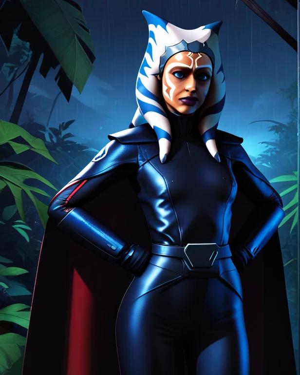 zPDXL, source_anime,
BREAK
ahsoka tano, cape, armor,black gloves,tight bodysuit,black cape,black pants,
BREAK
close-up, solo, standing, front view, medium breasts, hands on hips, wide hips,
BREAK
x3dce, 3d, jungle background, dense vegetation, rain, night, night sky, 