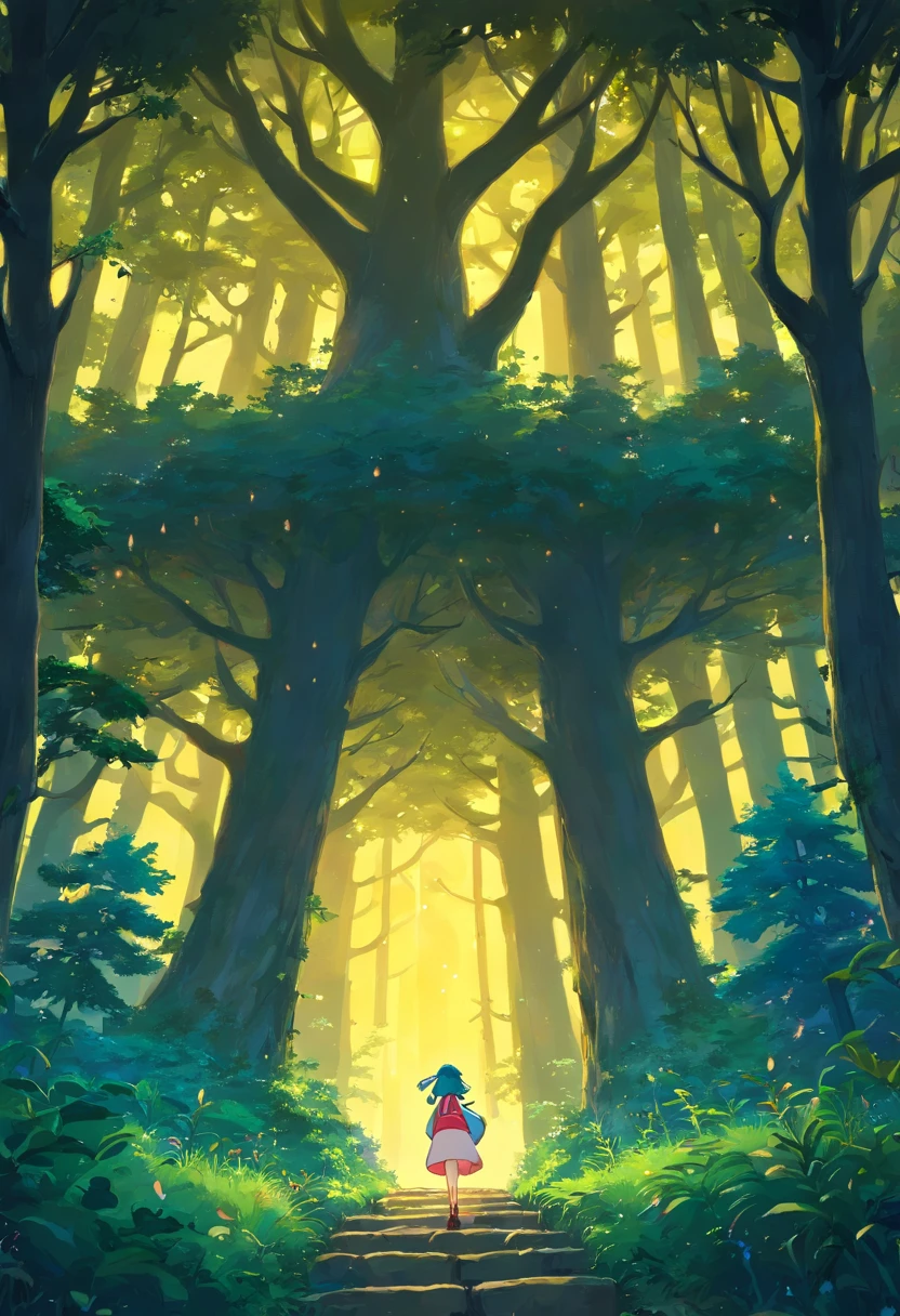 Forest at night,Uma garota parda com rabo de cavalo duplo(Use um uniforme escolar de saia curta)The back of a song sung at the top of a tree,The sky has a full moon