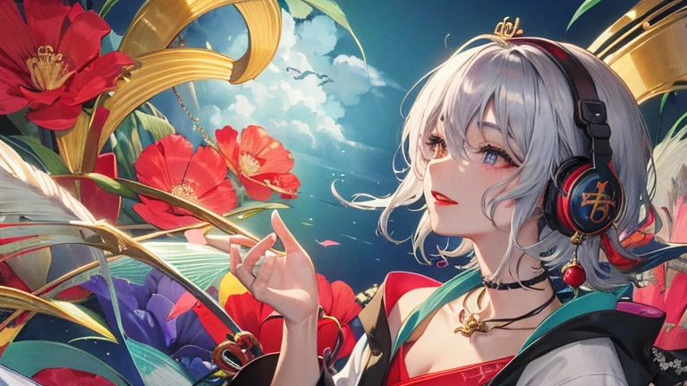 high quality,masterpiece,Dark-skinned Japanese woman in a colorful kimono,arm with tattoo,Distinctive beautiful blue droopy eyes,A woman like the Japanese goddess Benzaiten,Hagoromo,Short-cut silver hair,Listening to music through headphones,grin,dragon god behind,gold necklace,very calm expression,gray hair,red lipstick,dark makeup,Very beautiful sea background,Images for YouTube