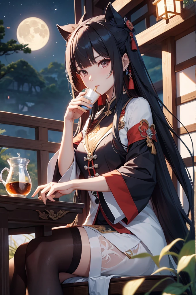 zhong li, genshin impact ,sit, drink tea, long hair ,wach moon