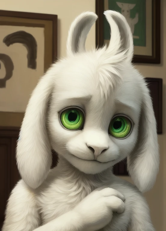 1boy,(( )), solo, kid, (best quality, ultra-detailed, best illustration, masterpiece, high res, professional artwork, famous artwork), realistic paint, (insane detailed eyes, green shine eyes), white fur, detailed realistic painting, male, detailed white fur, asriel, portrait, detailed hands, shaded, four fingers, insane details, looking forward, cartoon, cute, full height