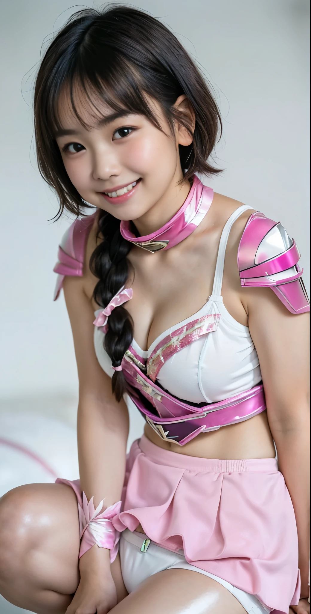 (8K、Raw photography、highest quality、masterpiece:1.2),(black haired、very short hair:1.8),(twin mitsu braid:1.4)、show viewer,Looking at the front,erotic,白いskin,(Wearing a shiny pink ranger costume:1.9)、()、(Clothing that emphasizes the shape of your chest、publish one'skin:1.5)、(big breasts :1.4)、slim body shape、ultra high resolution,beautiful,beautiful fece,(alone、no background:1.9),whole bodyボディー,japanese woman,(Photoreal:1.37)、photon mapping,reality、(-face cute: 1.0)、(cute smile: 1.7)、(With a round face: 1.7)、radio city、Physically based rendering、depth of field rally background、photograph, (I can see your knees、short skirt、I can see white panties、close up of thighs:1.8),(show polka dot panties:1.4),whole body、super fine