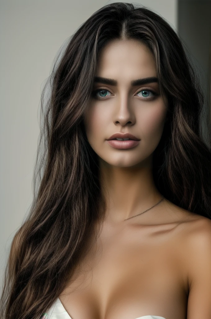 8k, realistic, bokeh, masterpiece, high resolution, best quality, IMax, hyperrealism, Carl Zeiss 85mm, a cinematic shot, ((ultra detailed:1)), girl, Young adult, European, caucasian, Ectomorph elongated body, slim body, skinny, Long Sleek Straight Ponytail Slicked back black Hair, perfect white skin, dark green eyes, Long Diamond type Face, Long slim neck, Heart Shaped nude Lips, Bold Tapered Eyebrows, Hawk long Nose, Upturned Eyes type, Cut Crease make up style, broad shoulders, narrow hips, long slim thin arms, long fingers on the hands, second breast size, Full on Top or Bottom breasts,
Angular Narrow Symmetrical Cheekbones, Hollow Cheeks, Square Chin, Square Jawline, Smooth Nasolabial Folds, Fine Puppet Wrinkles, Attached Pointed ears, round forehead, V-shaped abs, age 25,