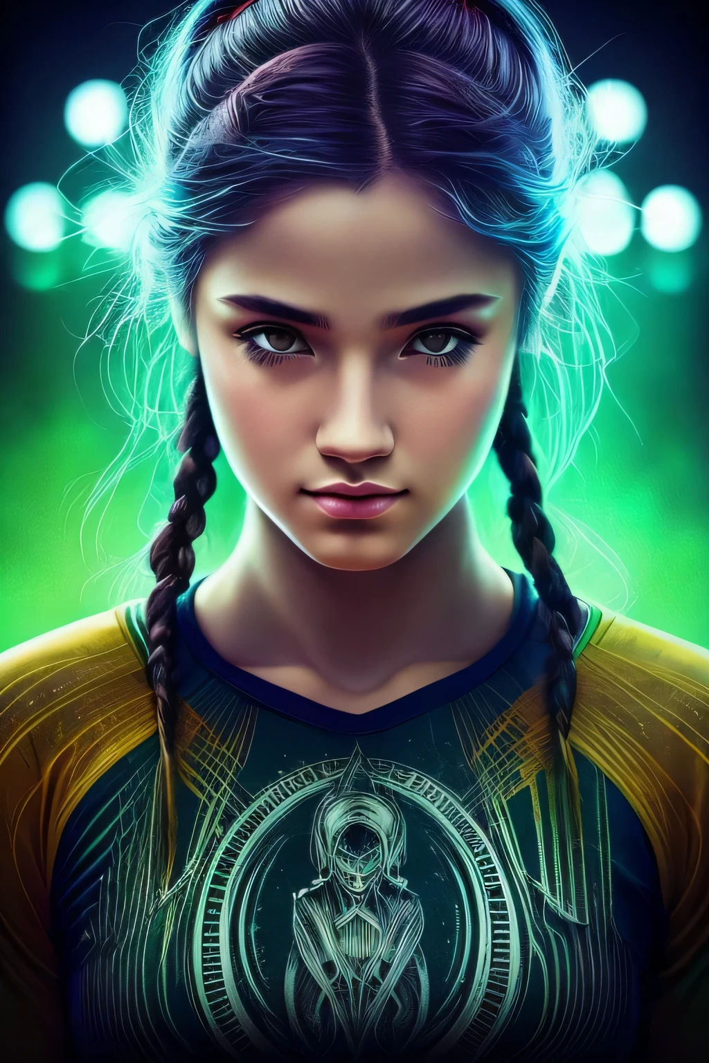 16K, HDR, obra-prima, uma , ((cabelo colorido, volleyball outfit))). Vista lateral de meio comprimento, anime-style illustration with hyper-realistic details, symmetrical face, olhos provocantes e sorriso suave. Enhanced Cinematic Lighting, efeitos de lente flare e bokeh. Influenciado pela arte de H.R. Giger e Beksinski, presented in pastel watercolors and vivid tones.,Alto detalhado