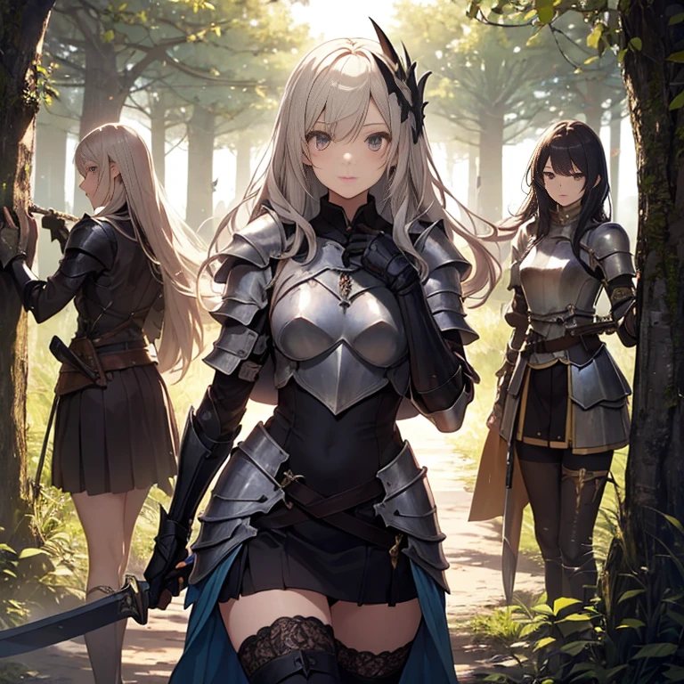A group of female knight, (in forest), various hair styles, harem, wearing armored clothes, metal armor, night, details face, , short skirt, seducing, sword