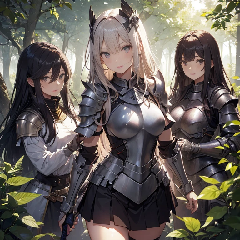 A group of  female knight, (in forest), various hair styles, harem, wearing armored clothes, metal armor, night, details face, , short skirt, seducing, sword 