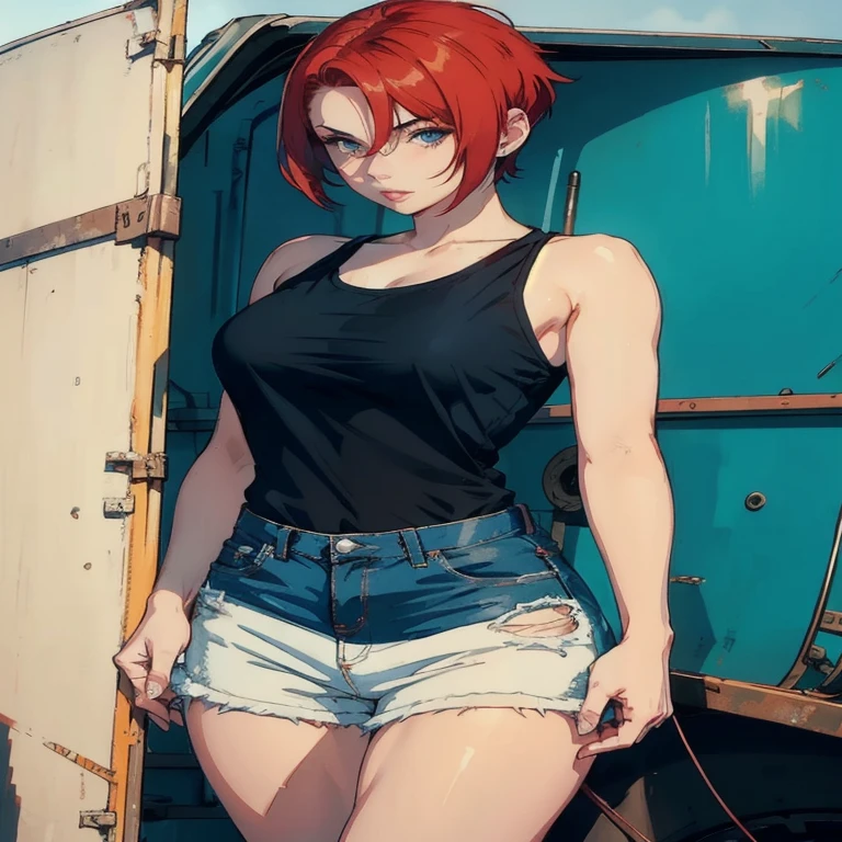 young woman, riley nixon haircut, red hair, very short hair, sexy, blue tank t-shirt shirt, riley nixon haircut, in a mechanic, Looking at the viewer, 4k