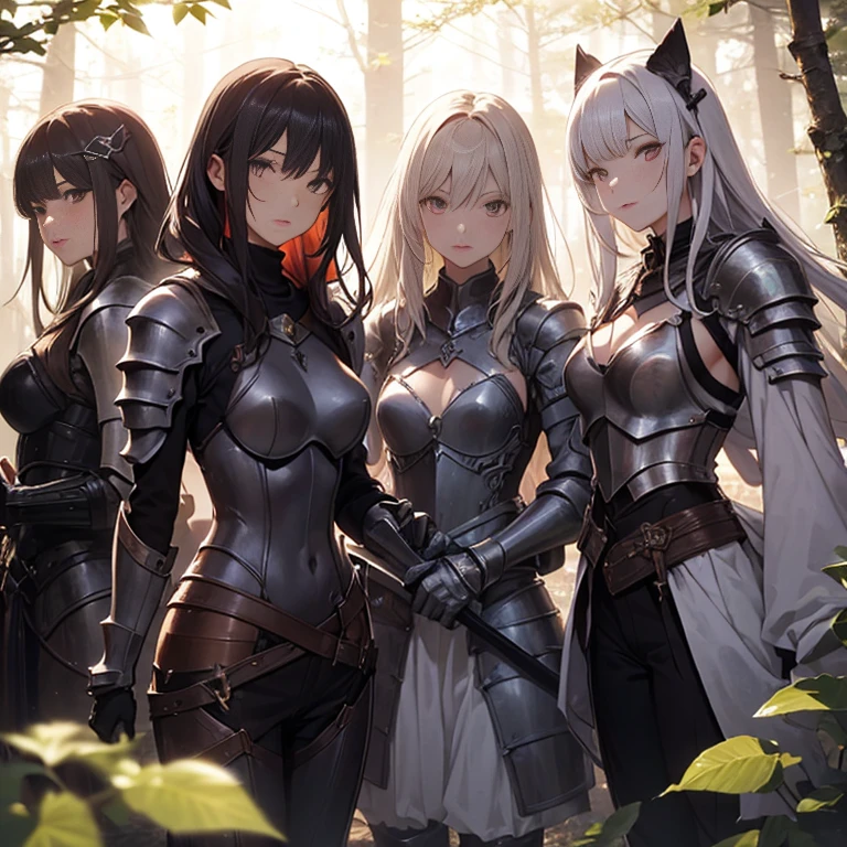 A group of  female knights, (in forest), various hair styles, harem, wearing armored clothes, metal armor, night, details face, trousers, seducing, sword,