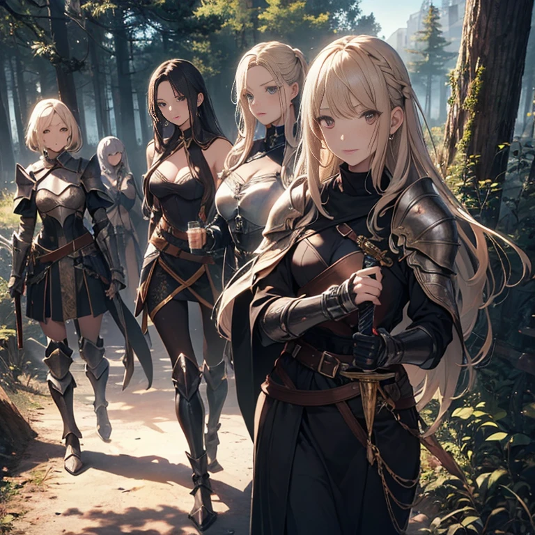 A group of female knights, (in forest), various hair styles, harem, wearing armored clothes, metal armor, night, details face, trousers, seducing, sword,