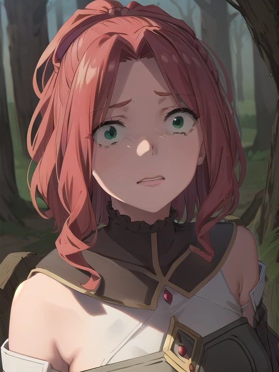 maltymelromarc, malty melromarc, long hair, (green eyes:1.3), red hair, (parted bangs:1.5), ponytail, SCARED EXPPRESSION, BREAK bare shoulders, belt, cape, armor, breastplate, BREAK outdoors, forest, mist, red eyes stalker betwen trees, BREAK (masterpiece:1.2), best quality, high resolution, unity 8k wallpaper, (illustration:0.8), (beautiful detailed eyes:1.6), extremely detailed face, FACE CLOSEUP, dark lighting, extremely detailed CG, (perfect hands, perfect anatomy),