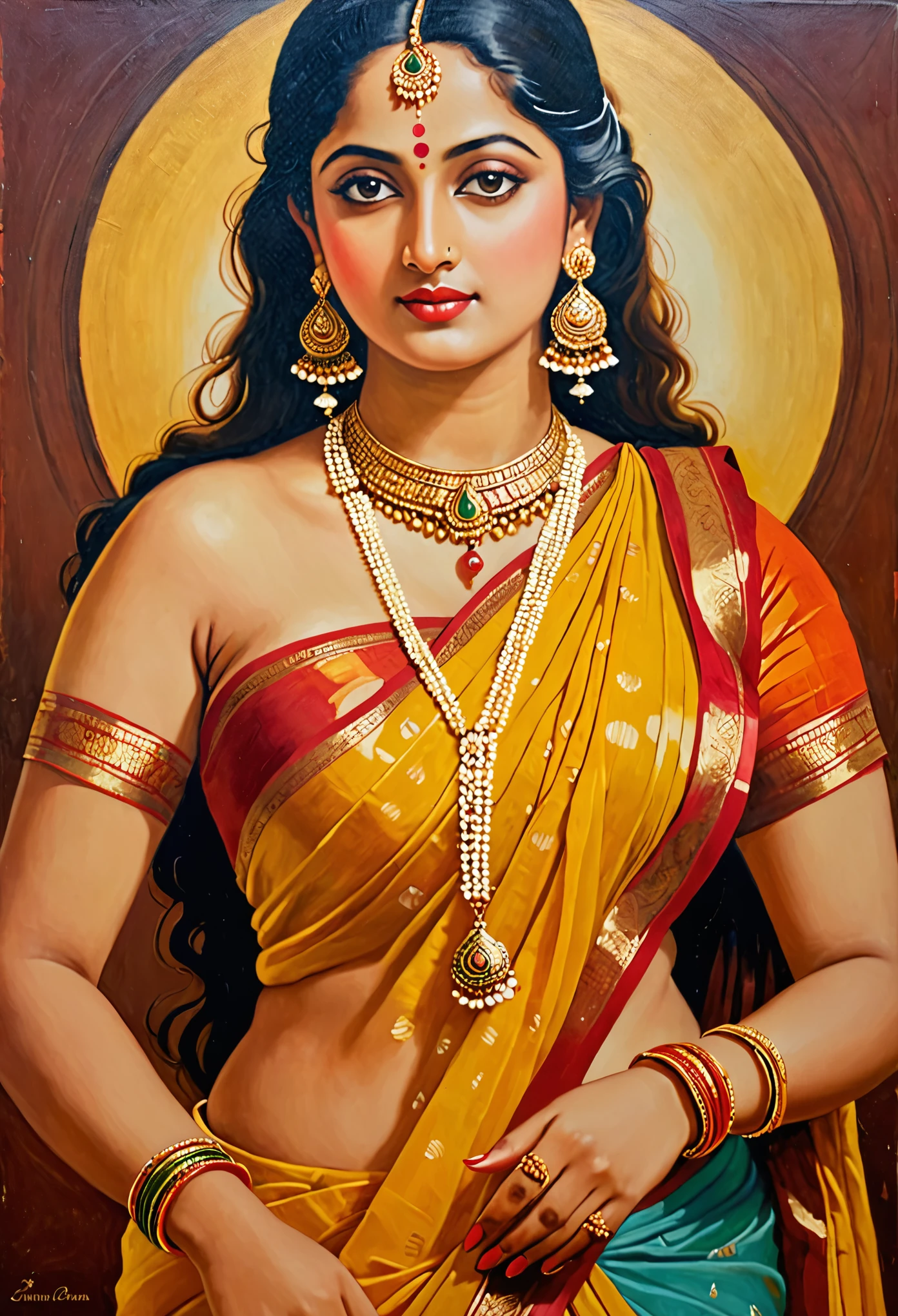 Beautiful painting of a woman in a sari with a necklace and earrings, beautiful thick figure, Thick curvy beauty, looks like Sandeepa Dhar, inspired by Raja Ravi Varma, szukalski ravi varma, portrait of a beautiful goddess, by Raja Ravi Varma, indian goddess, traditional beauty, a stunning portrait of a goddess, inspired by T. K. Padmini, indian art, indian goddess of wealth, portrait of a goddess