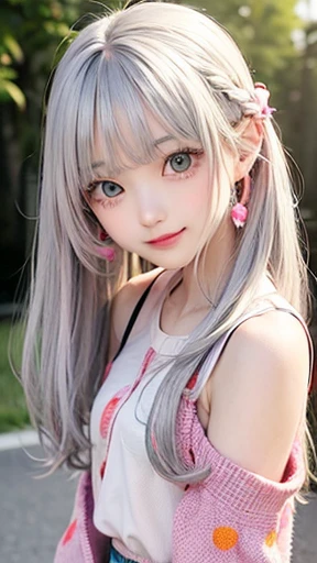 The arrival of autumn、small face、 (alone:1.5,)Super detailed,明るいcolor, very beautiful detailed anime face and eyes, look straight, shiny_skin,girl, (((虹colorの髪, colorful hair, half silver、half pink hair: 1.2))), 、shiny hair, delicate beautiful face, blush、Glasses、(turquoise eyes), , Valletta, earrings,、sunset、forest road、((Polka dot summer clothes、checked mini skirt,)))、(twin tails)、smile、happy face、face dyed red、color々pose、Full body portrait from head to toe、(I can see the whole body)