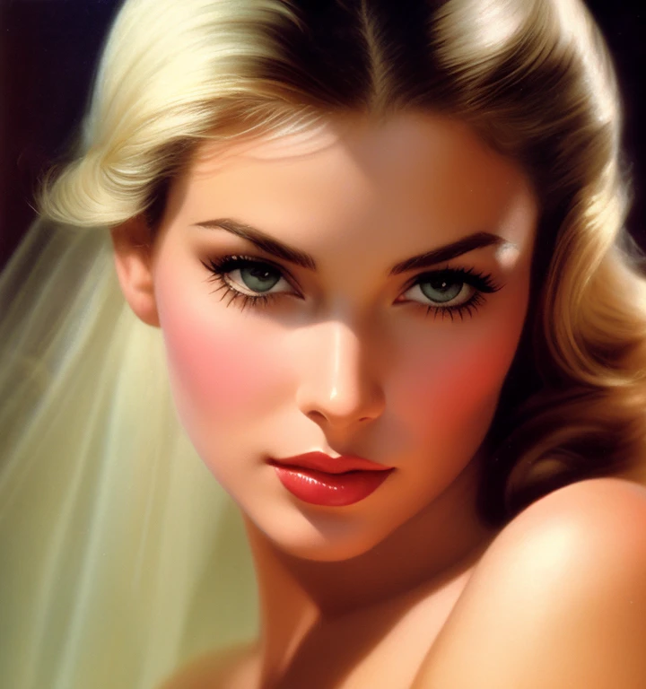 1970s,by Alberto Vargas,(Best quality, work of art), ultra-detailed and delicate portrait of a beautiful and timeless girl,noir woman, sultry eyes, closeup, style of Rolf Armstrong, light and shadow,charge of face,sexy face, beautifull nose, make different hair, make variations female noses,woman of dominica