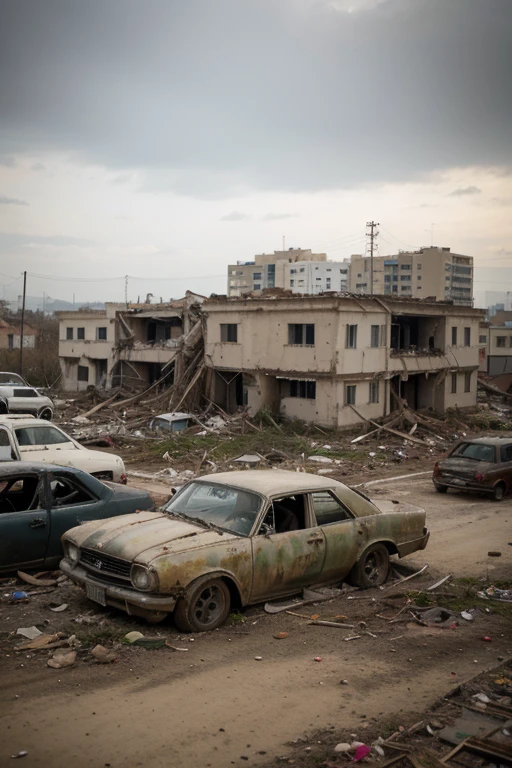 ((Melhor qualidade)), ((obra de arte)), (detalhado), imagem de uma cidade abandonada, full of vegetation, carros velhos abandonados, Destroyed buildings, toda suja, apocalyptic scenario, aspecto macabro,bem triste,sem vida