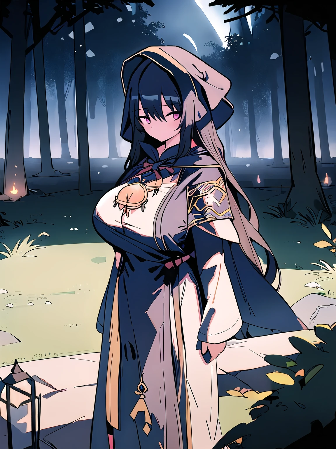 (girl long hair:1.2), (huge tits:1.0), (mage:1.5), (dark atmosphere)