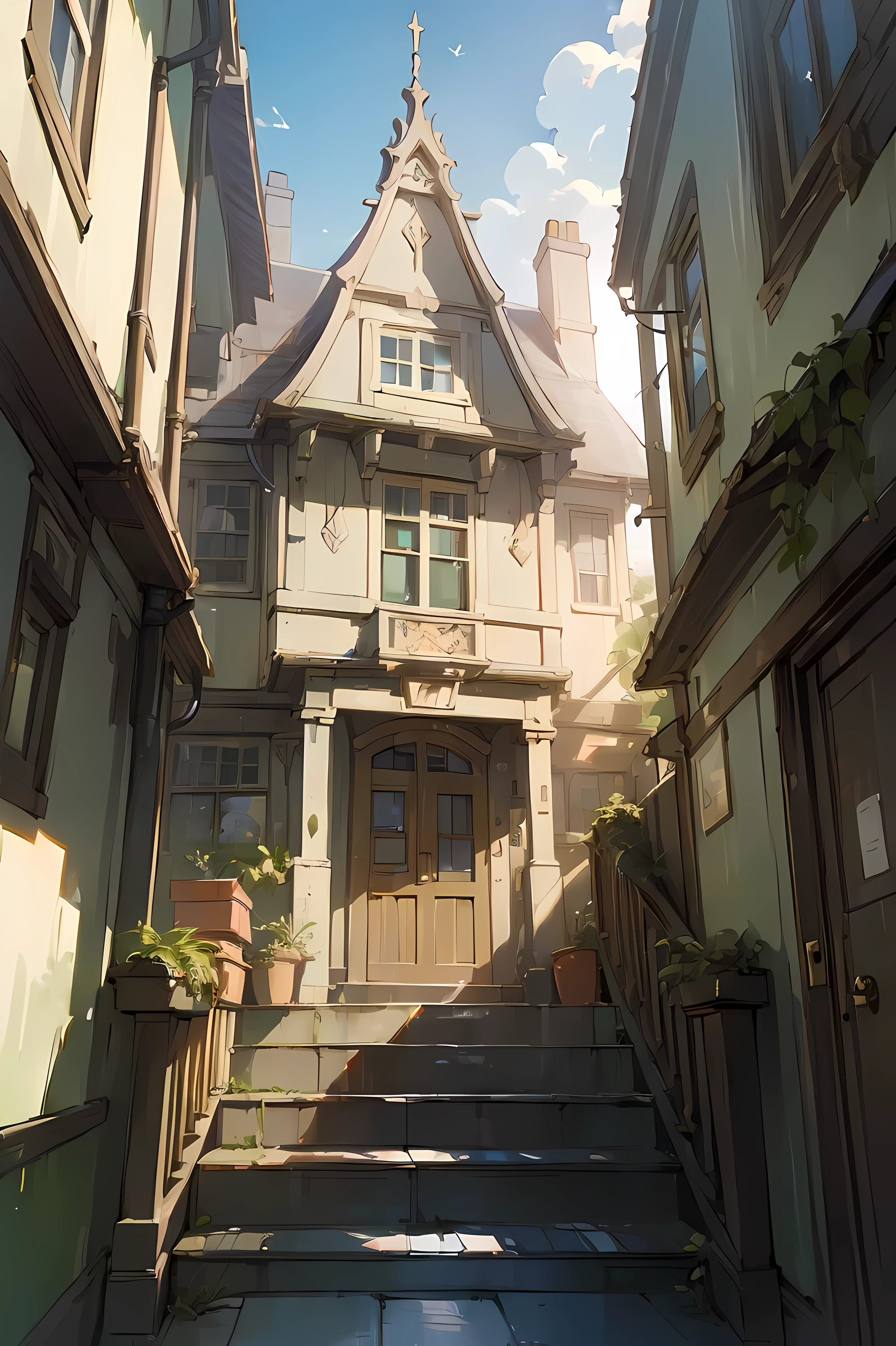 (masterpiece:1.5), (best quality:1.5), detective office, outside building, street view, old england, traditional house, stairs, door, face to the building, 2 floors house, visual novel, large street, big sign above door, plants