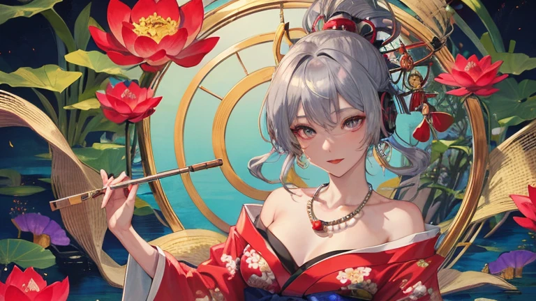 high quality,masterpiece,Dark-skinned Japanese woman in a colorful kimono,arm with tattoo,Distinctive beautiful blue droopy eyes,A woman like the Japanese goddess Benzaiten,Hagoromo,Short-cut silver hair,Listening to music through headphones,grin,Playing the biwa, a traditional Japanese instrument,gold necklace,very calm expression,gray hair,red lipstick,dark makeup,Very beautiful pond background,Lots of lotus flowers,Images for YouTube