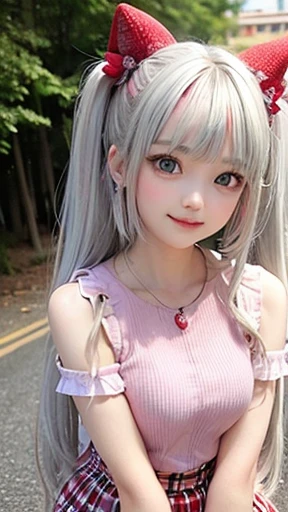 The arrival of autumn、small face、 (alone:1.5,)Super detailed,明るいcolor, very beautiful detailed anime face and eyes, look straight,  shiny_skin,girl, (((虹colorの髪, colorful hair, half silver、half pink hair: 1.2))), 、shiny hair, delicate beautiful face, blush、Glasses、(turquoise eyes), , Valletta, earrings,、sunset、forest road、((Strawberry Summer Clothes、checked mini skirt,)))、（twin tails）、smile、happy face、face dyed red、color々pose、Full body portrait from head to toe、（I can see the whole body）