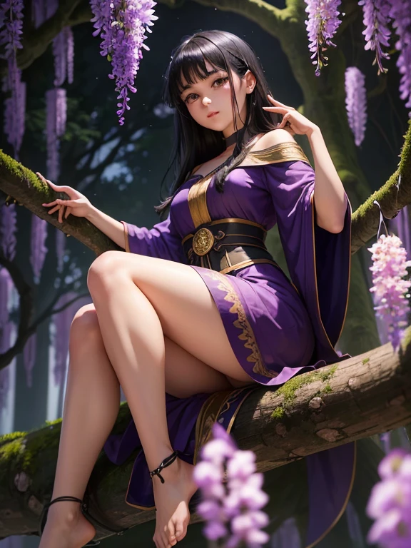 Young girl with black hair is sitting on a high branch of a large tree, she is peacefully and relaxed pose admiring the crepuscule and the nightfall, there are wisteria plants surrounding the background 