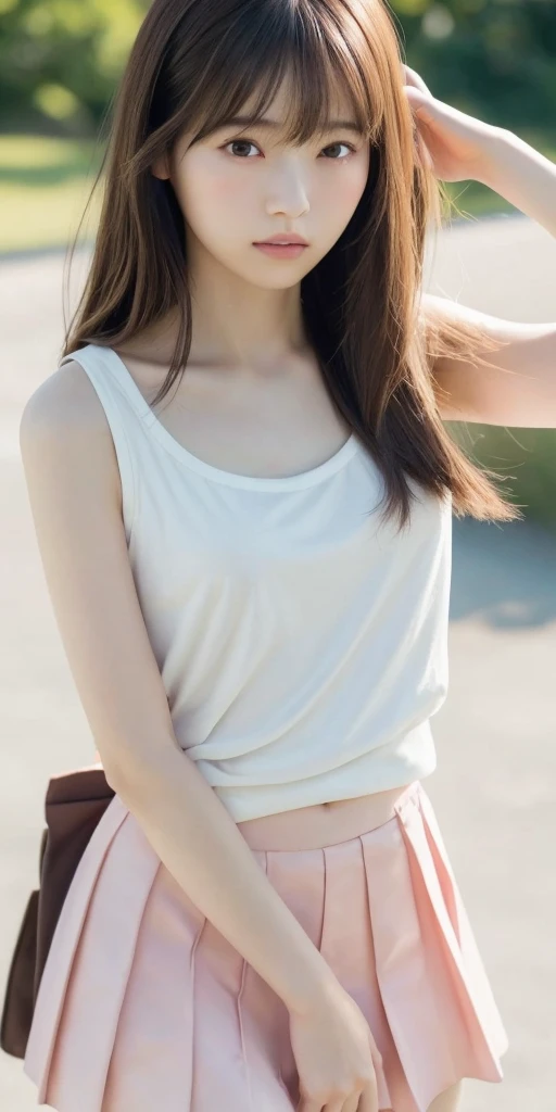 masterpiece, highest quality, 16k, 1 girl, correct human hand, correct human fingers, japanese girl, close up of face, cute, girly, delicate girl, pure beauty, (small breast:1.0)、flat chest、(Breast like a child:1.0)、, sexy lips, luminescence, avert your eyes, Raw photo, f/1.8, 135mm, nikon, anatomically correct, rough skin, professional photography, portrait, soft light, professional lighting, Backlight, film grain, (Eye and face details:1.0), brown hair, Long hair swaying in the wind, bangs、(Tight white camisole、pink pleated skirt)、(Beautiful smooth thighs:1.4)、(from head to thighs)