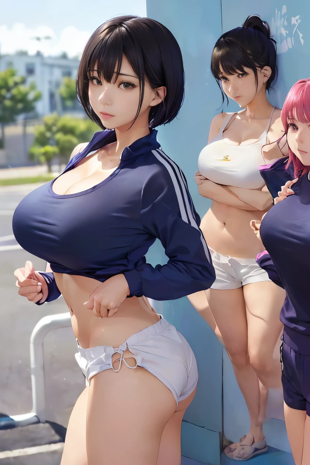 highest quality、beautiful skin、Writing on the face、(huge beautiful breasts、ultra mommy:1.3),(very thin、pixie cut、Tracksuit Shorts、sexy fashion、color、Tank top、School Randoseru、schoolyard、Change of clothes、You can see the crack in the buttocks、primary school student:1.3),