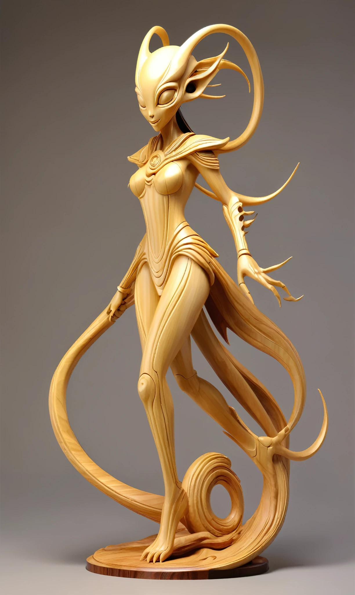 A woodcarving alien creature female,rosewood,smooth surface,(full_body),rimming light,Wood grain background,playful illustrations,playful,dreamy imagery,archeologic style,extremely detailed,artstation,8k,soft lighting,soft contrast,incredible art,wlop,artgerm,Gold，Glaive