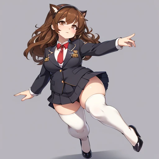 an anime style picture of the girl in the short skirt and white thigh high socks and high heels, 1girl, hazel eyes, brown curly hair, solo, gray blazer, gray skirt, white thigh high socks, black high heels, uniform, highly detailed face, perfect feet, portrait, full body, slightly chubby, small breasts