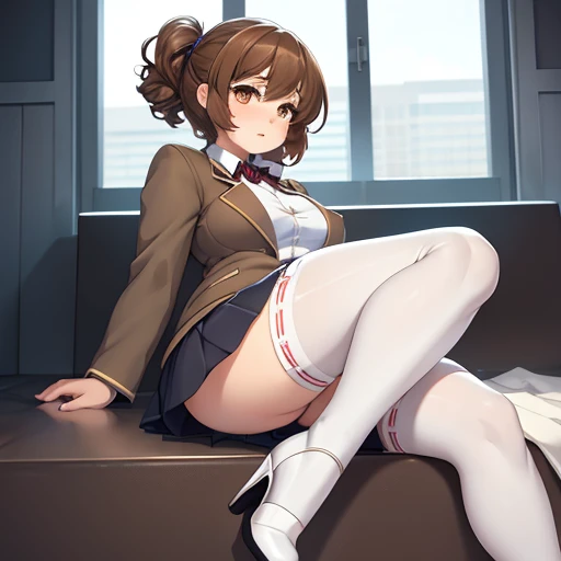 an anime style picture of the girl in the short skirt and white thigh high socks and high heels, 1girl, hazel eyes, brown curly hair, solo, gray blazer, gray skirt, white thigh high socks, black high heels, uniform, highly detailed face, perfect feet, portrait, full body, slightly chubby, small breasts