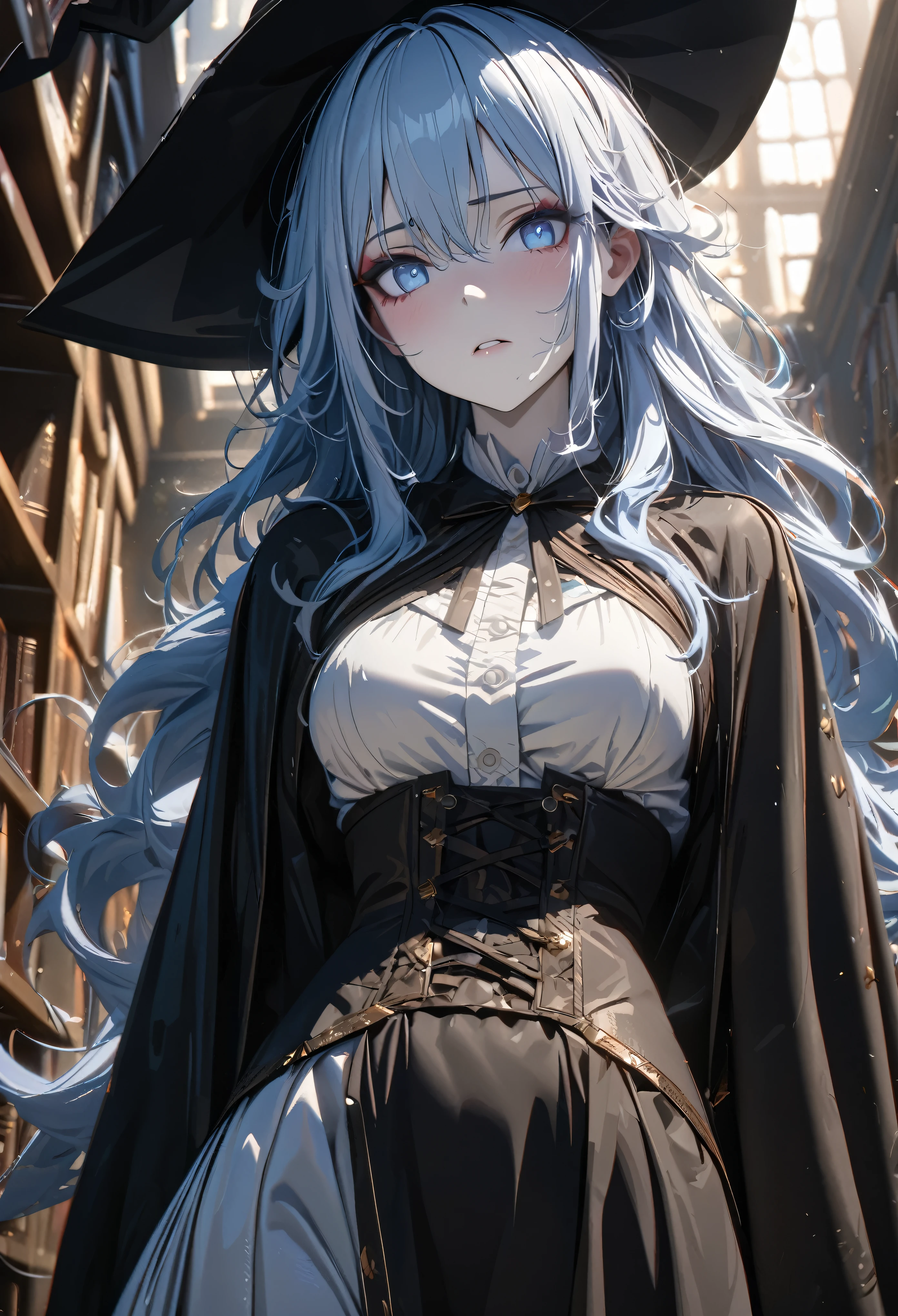 (absurdres, highres, ultra detailed), masterpiece, perfect resolution, great detail, super detailed, detailed face, NEET, unhealthy pale skin, pink dry lips, blue eyes, light eyes, eyeshadow, tired looking, tired eyes, medium breasts, light blue hair, messy hair, unkept hair, long hair, dense hair, mane hair, library scenery, dark robes, witch hat, corset, emotionless face, depth of field, (25 years old), cinematic lighting, ray tracing, depth of field, cinematic lighting, ray tracing, UHD, high details, best quality, highres, high quality, award winning, super detail, masterpiece, 8k, UHD, high details, best quality, highres, high quality, award winning, super detail, masterpiece, 8k, digital art, anime coloring