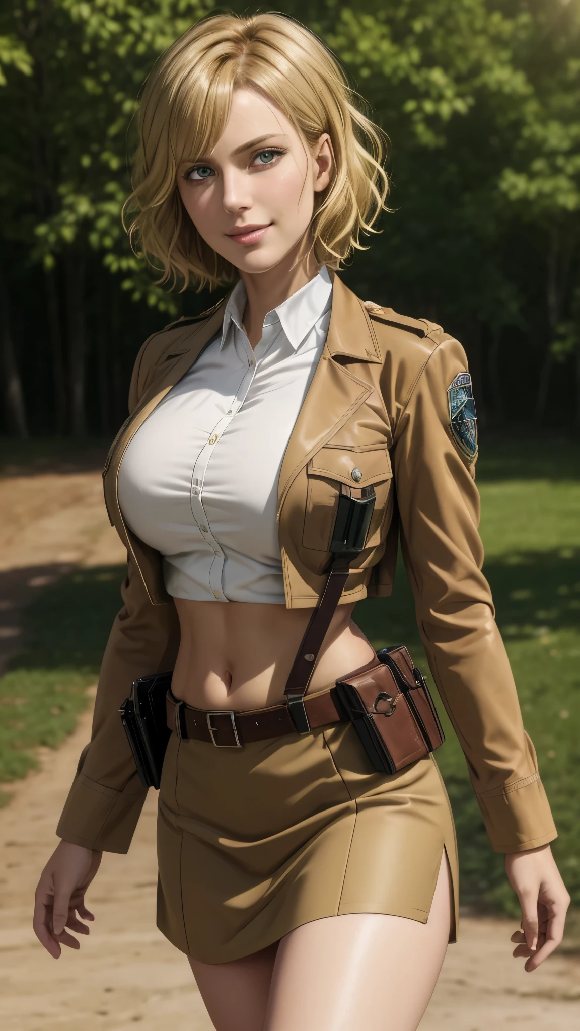 Hitch Dreyse, Attack on titan, belt,brown jacket,long sleeves,thigh strap,white shirt, military uniform, pencil_skirt,pantyhose, thighs,midriff, navel, blonde hair,Green eyes,bangs,wavy short hair, (hair between eyes:1.3),
1 girl, 20yo,Young female,Beautiful Finger,Beautiful long legs,Beautiful body,Beautiful Nose,Beautiful character design, perfect eyes, perfect face,expressive eyes, looking at viewer, in the center of the image,(light_smile:0.5), official art,extremely detailed CG unity 8k wallpaper, perfect lighting,Colorful, Bright_Front_face_Lighting,shiny skin, (masterpiece:1.0),(best_quality:1.0), ultra high res,4K,ultra-detailed, photography, 8K, HDR, highres, absurdres:1.2, Kodak portra 400, film grain, blurry background, bokeh:1.2, lens flare, (vibrant_color:1.2) (Beautiful,large_Breasts:1.0), (beautiful_face:1.5),(narrow_waist)