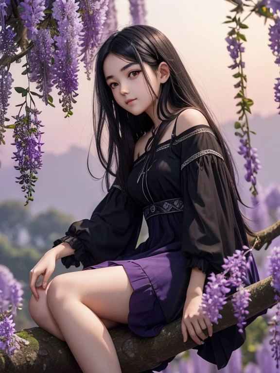 Young girl with black hair is sitting on a high branch of a large tree, she is peacefully and relaxed pose admiring the crepuscule and the nightfall, there are wisteria plants surrounding the background