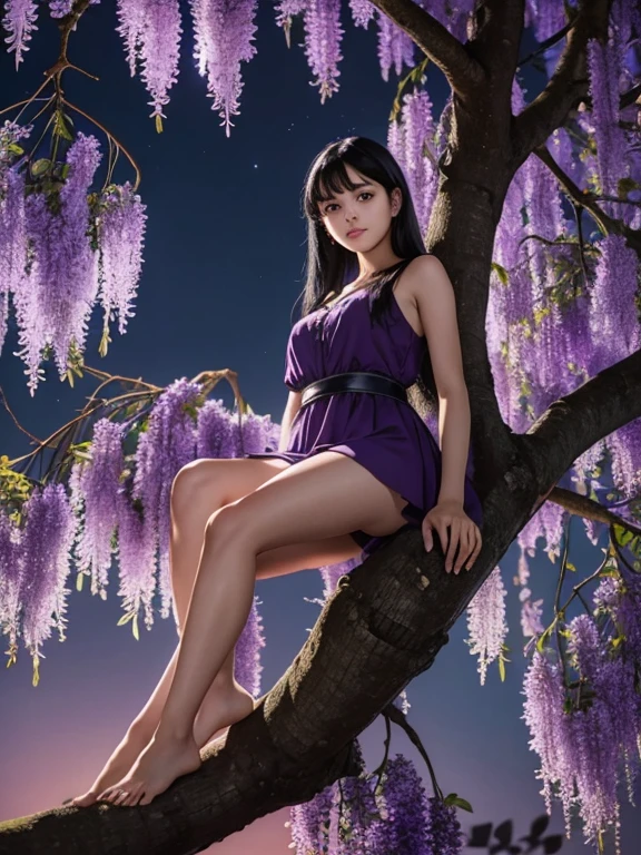 Young girl with black hair is sitting on a high branch of a large tree, she is peacefully and relaxed pose admiring the crepuscule and the nightfall, there are wisteria plants surrounding the background 