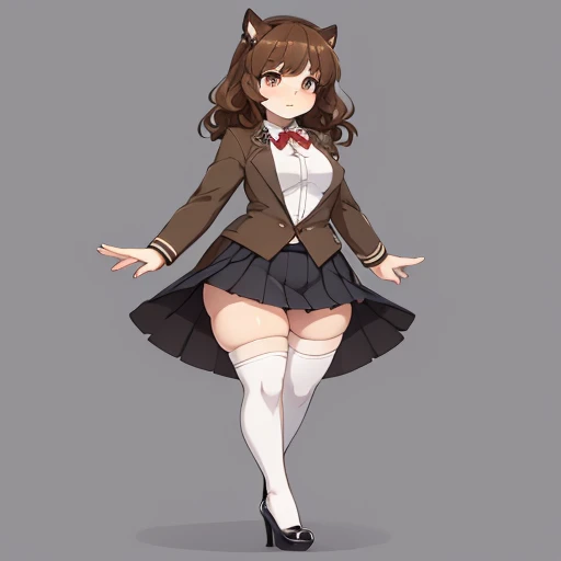 an anime style picture of the girl in the short skirt and white thigh high socks and high heels, 1girl, hazel eyes, brown curly hair, solo, gray blazer, gray skirt, white thigh high socks, black high heels, uniform, highly detailed face, perfect feet, portrait, full body, very fat, small breasts