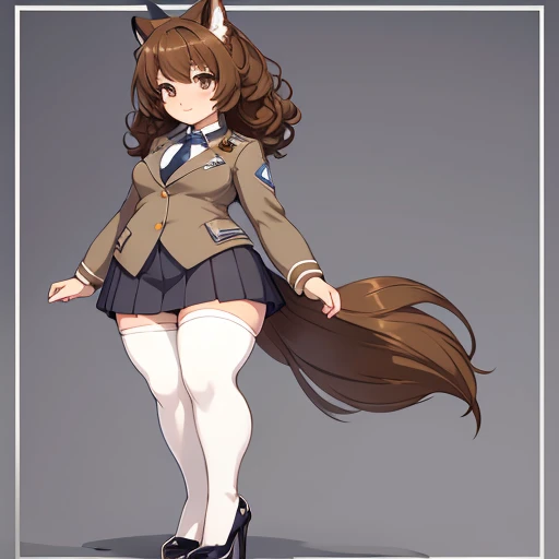 an anime style picture of the girl in the short skirt and white thigh high socks and high heels, 1girl, hazel eyes, brown curly hair, solo, gray blazer, gray skirt, white thigh high socks, black high heels, uniform, highly detailed face, perfect feet, portrait, full body, very fat, small breasts
