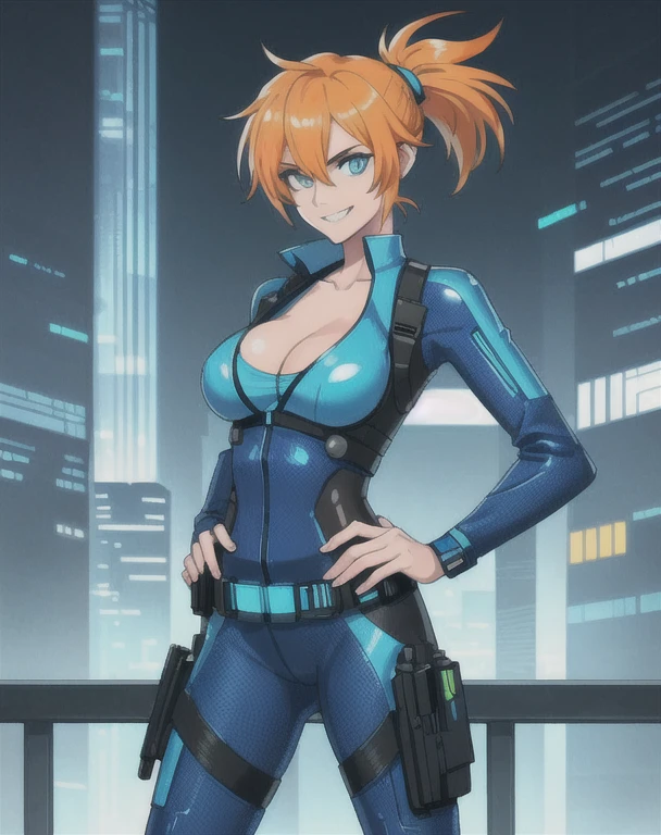 half body portrait, generic 32 year old Cyberpunk Agent, pretty and brave, medium breasts, thin and athletic, (Wearing a blue futuristic jumpsuit, utility belt and gun holsters), doing a heroic pose with hands on hips, grin with teeth, cleavage exposed, perfect eyes, perfect irises, standing on a rooftop with a night sky, The skyline of a cyberpunk city is seen in the background, (1girl with short orange hair, pony tail style and bright blue irises), 4k textures, raw photo, epic artistic, photoreal art, sharp focus, even lighting, insane details, intricate details, hyperdetailed, rich colors, staring at viewer, looking into camera, windswept hair blowing in the wind