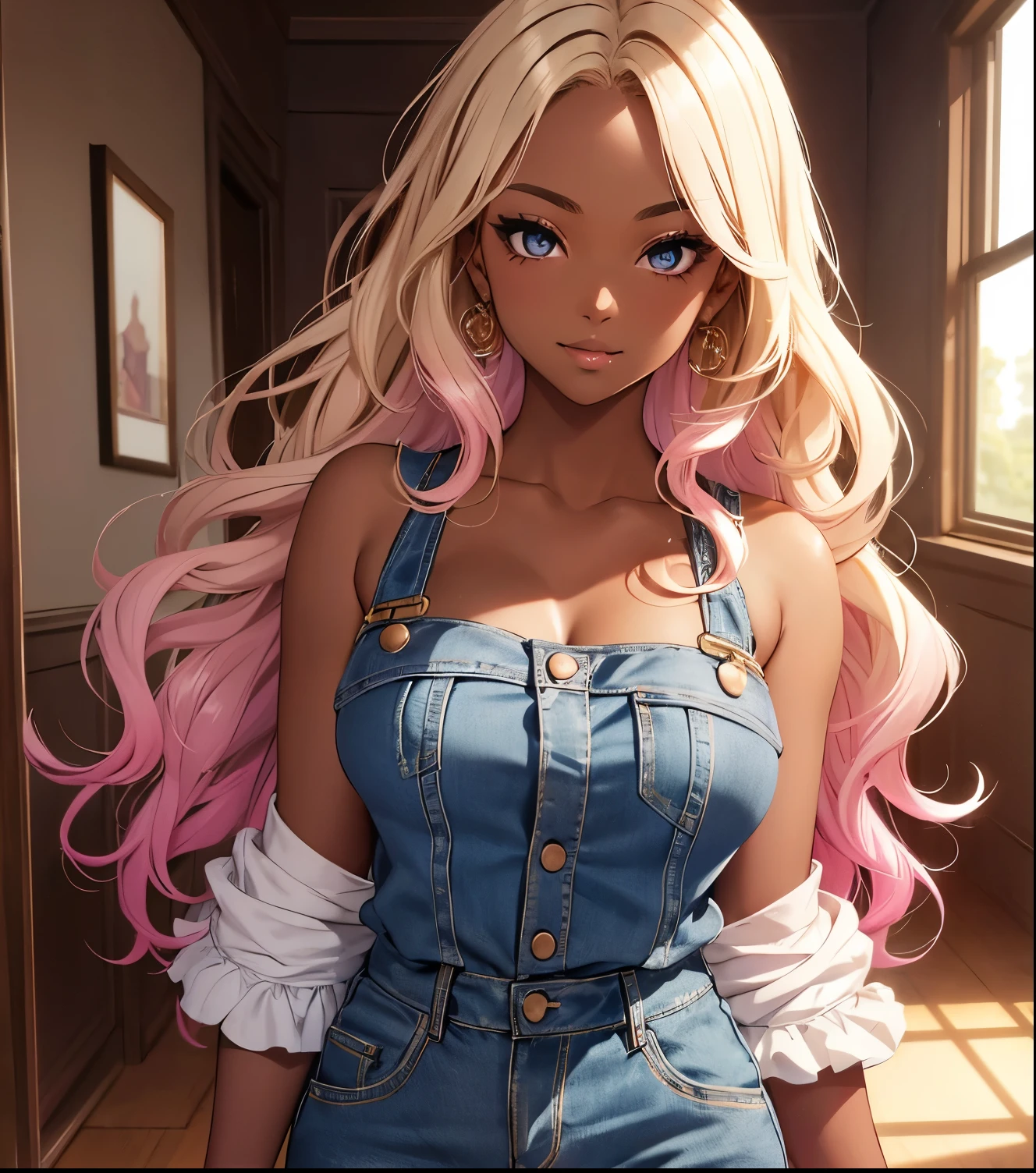Highest quality, masterpiece, beautifully detailed eyes, (dark skin), blonde wavy hair, gradient hair, pink highlights in hair, big breasts, standing, makeup, glossy lips, full lips, (natural lighting), in room, night, cute denim short jumpsuit, shy smile, belly, collarbone, in love, cute gesture
